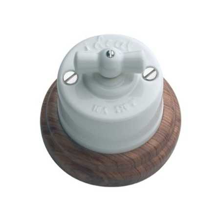 Conmutador porcelana base madera oscura y lazo porcelana