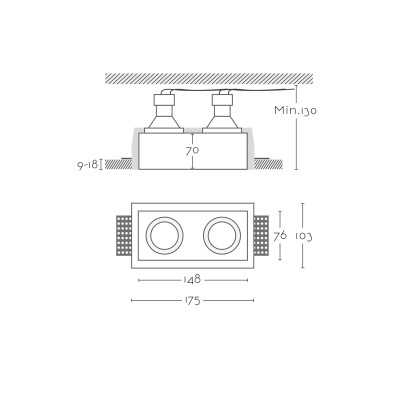 Foco escayola GU10 148mm x 76mm y altura 130mm
